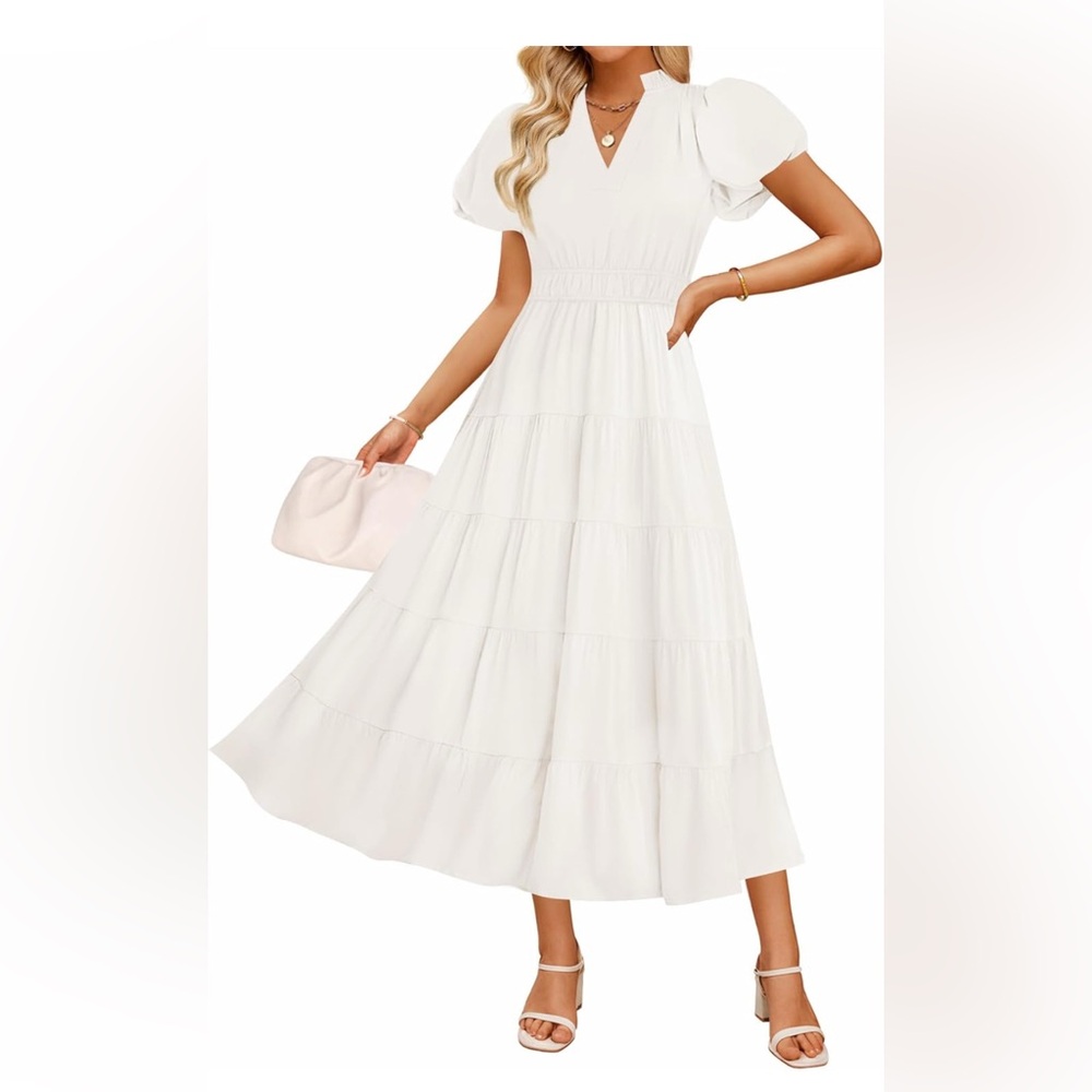 ZESICA Casual 2025 Puff Short Sleeve V Neck Ruffle Tiered Flowy Boho Beach Dress